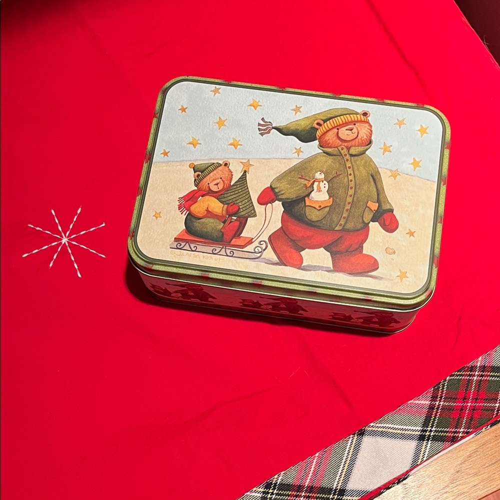 Festive Holiday Tin with Bears and Sled Design by Teresa Kogut